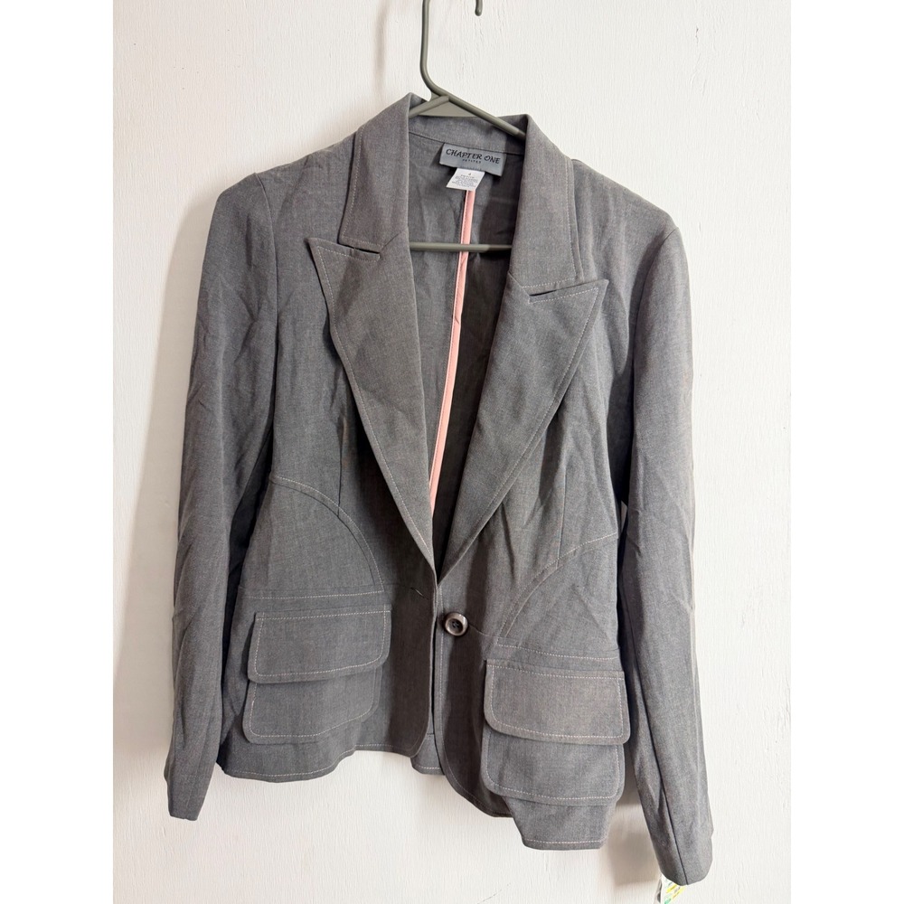 Chapter One Petites Grey Blazer Jacket Size 4P NWT Contrast Stitch Professional